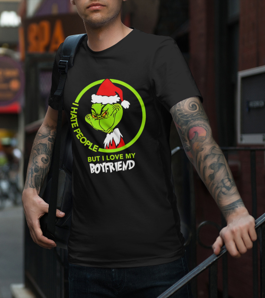 Grinch I Hate People But I Love My Boyfriend Christmas Santa Hat T-Shirt
