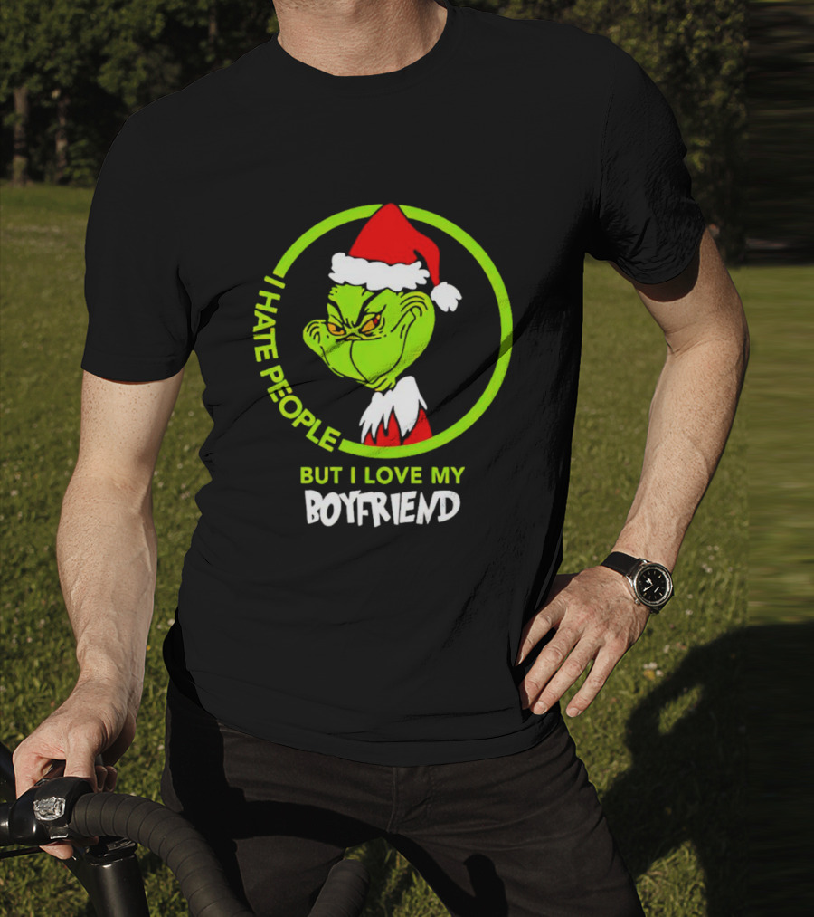 Grinch I Hate People But I Love My Boyfriend Christmas Santa Hat T-Shirt