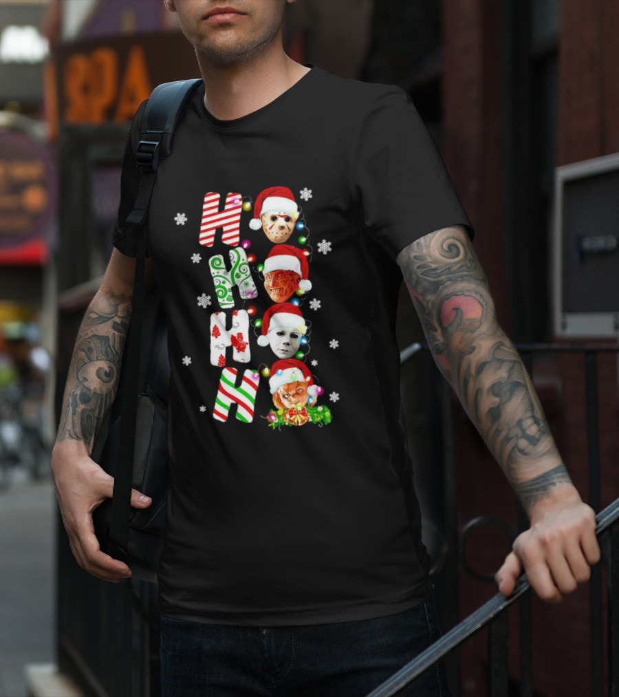 Ho Ho Ho Horror Movies Characters Christmas Snowflakes Santa Hats T-Shirt