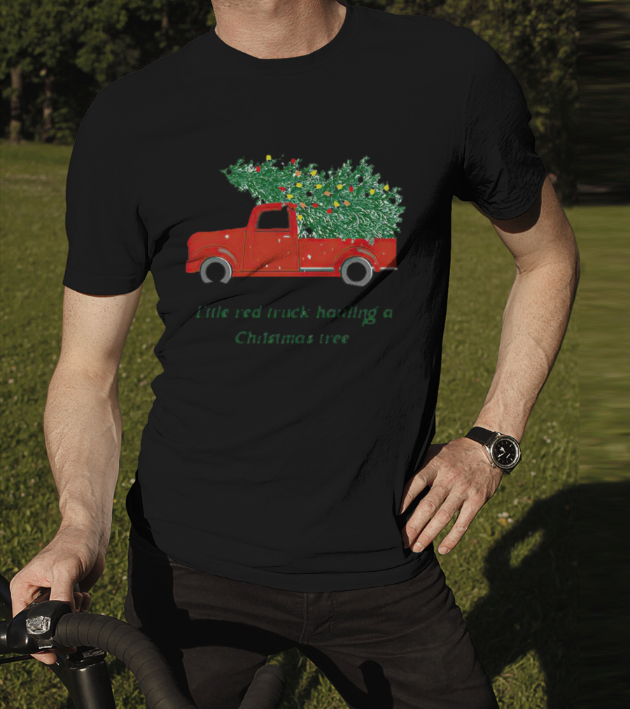Little Red Truck Hauling Christmas Tree Festive Vintage Holiday Scene T-Shirt