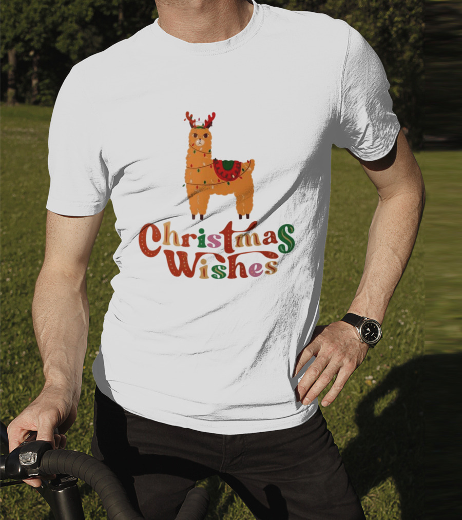 Christmas Wishes Llama Reindeer With Lights T-Shirt