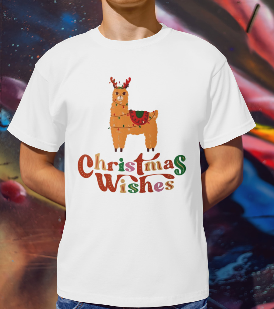 Christmas Wishes Llama Reindeer With Lights T-Shirt