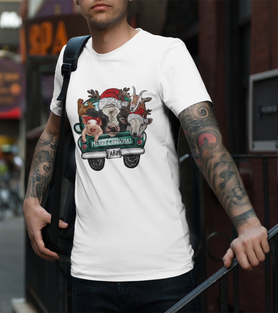 Merry Christmas Farm Animals In Holiday Truck T-Shirt