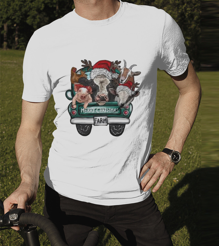 Merry Christmas Farm Animals In Holiday Truck T-Shirt