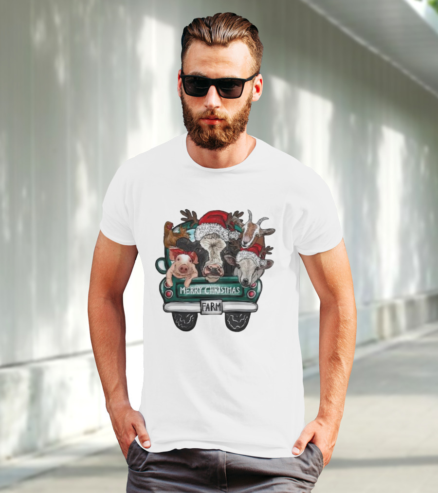 Merry Christmas Farm Animals In Holiday Truck T-Shirt