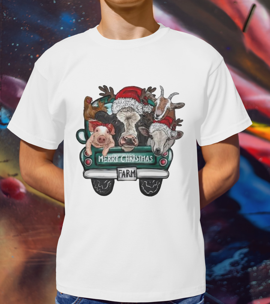 Merry Christmas Farm Animals In Holiday Truck T-Shirt
