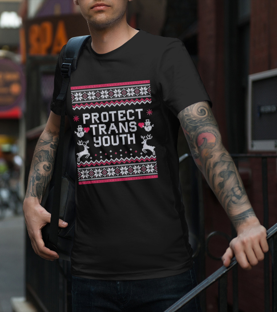 PROTECT TRANS YOUTH Snowflakes Reindeer Hearts Snowmen T-Shirt
