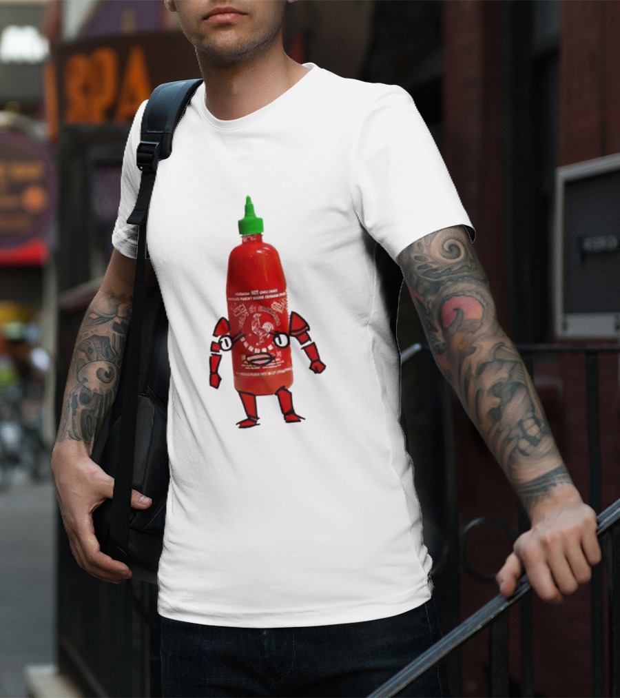 Sriracha Sauce Animated Bottle Character With Green Cap T-Shirt