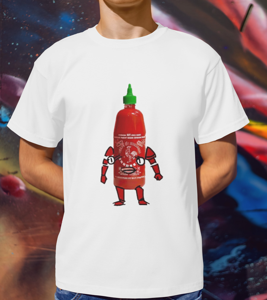 Sriracha Sauce Animated Bottle Character With Green Cap T-Shirt
