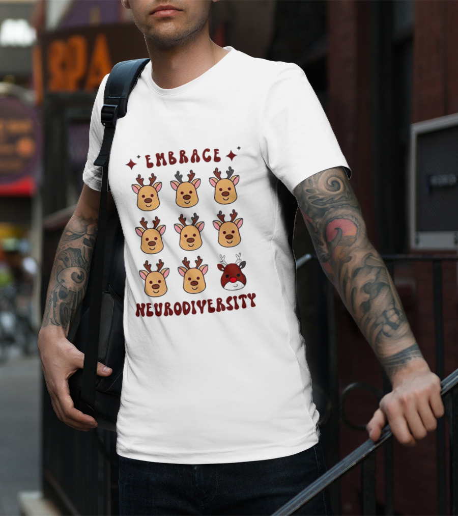 Embrace Neurodiversity Reindeer Faces Red Nose T-Shirt