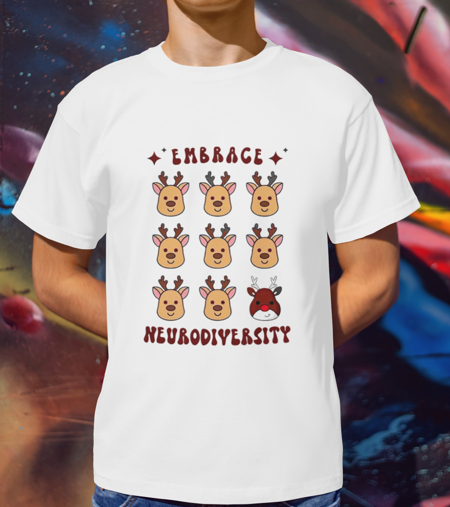 Embrace Neurodiversity Reindeer Faces Red Nose T-Shirt