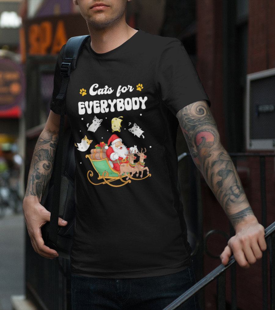 Santa With Flying Cats And Reindeer Sleigh For Everybody Christmas T-Shirt