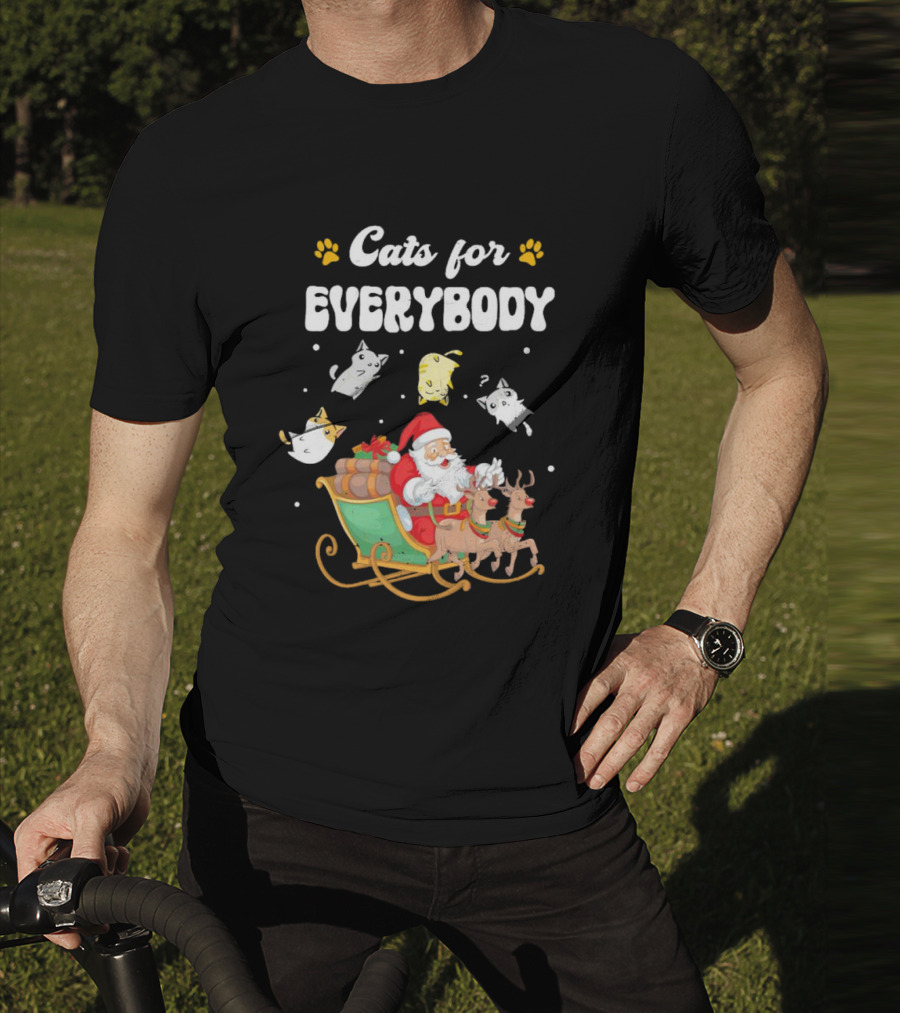 Santa With Flying Cats And Reindeer Sleigh For Everybody Christmas T-Shirt