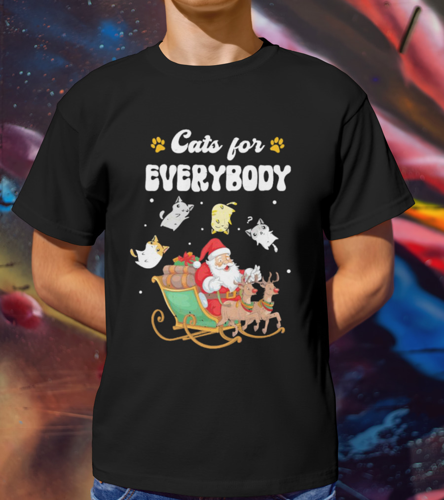 Santa With Flying Cats And Reindeer Sleigh For Everybody Christmas T-Shirt