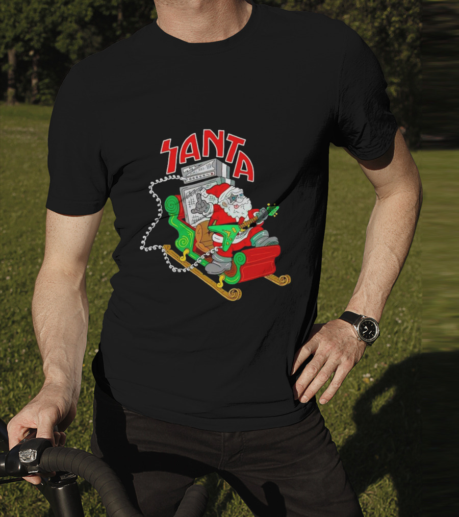 Santa Rocks Sleigh With Guitar And Amps Christmas T-Shirt