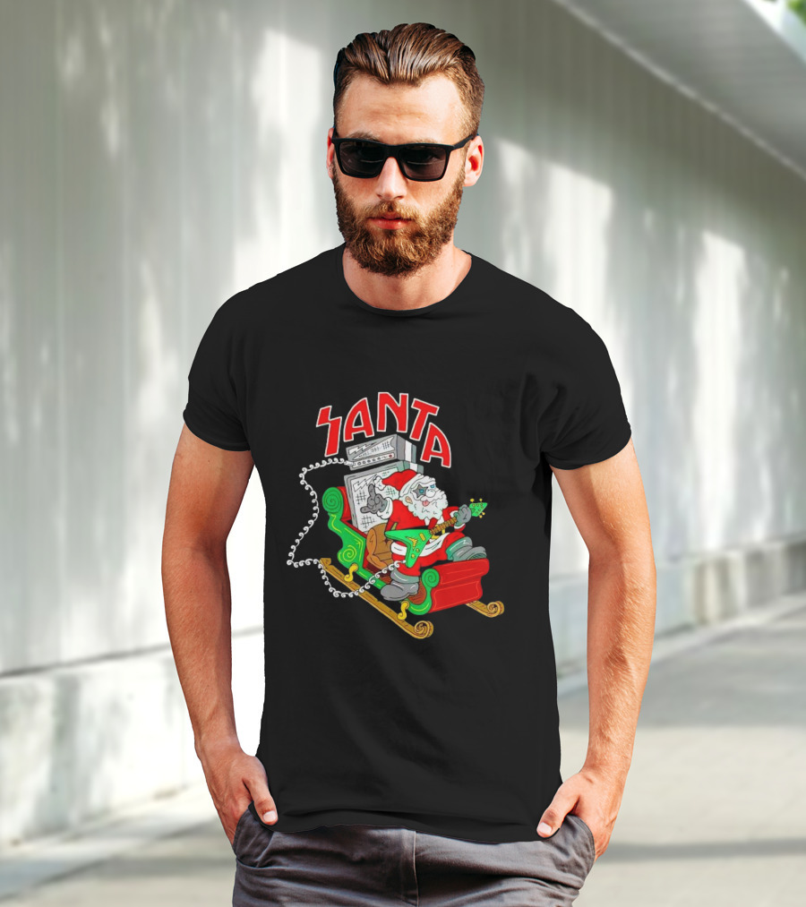 Santa Rocks Sleigh With Guitar And Amps Christmas T-Shirt