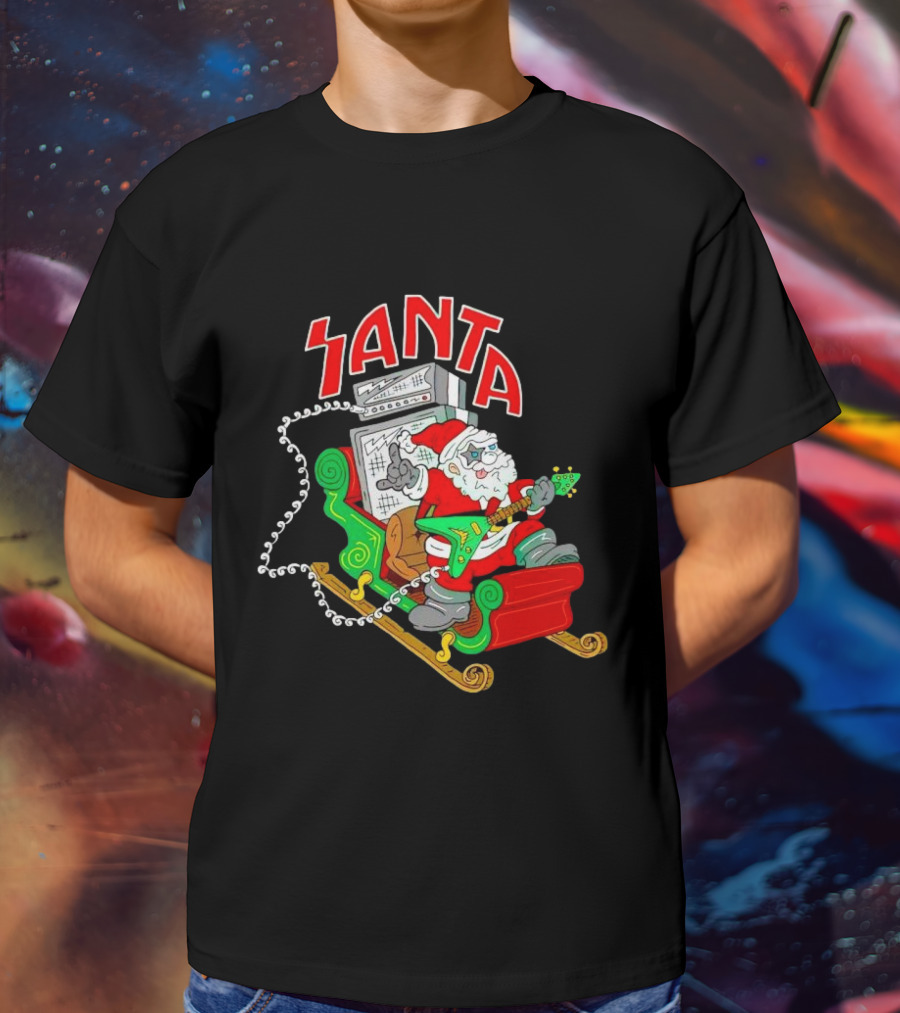 Santa Rocks Sleigh With Guitar And Amps Christmas T-Shirt