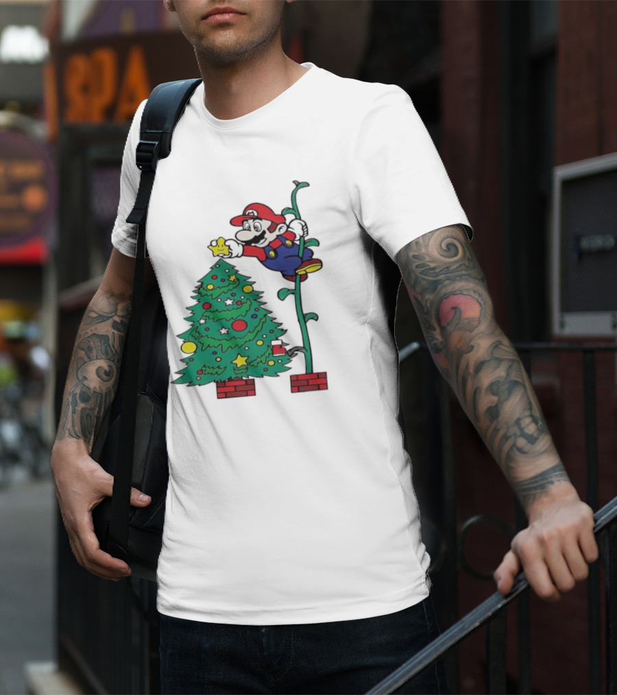 Super Mario Decorating Christmas Tree With Power-Up Star And Brick Blocks T-Shirt