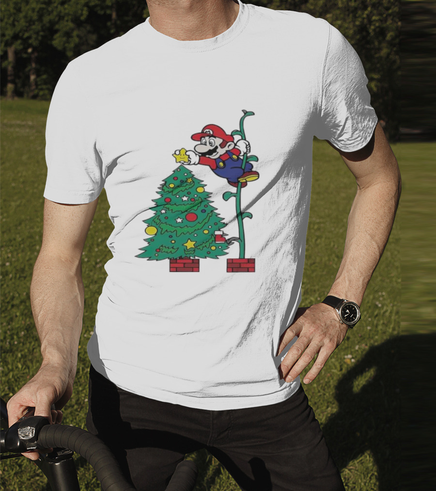 Super Mario Decorating Christmas Tree With Power-Up Star And Brick Blocks T-Shirt