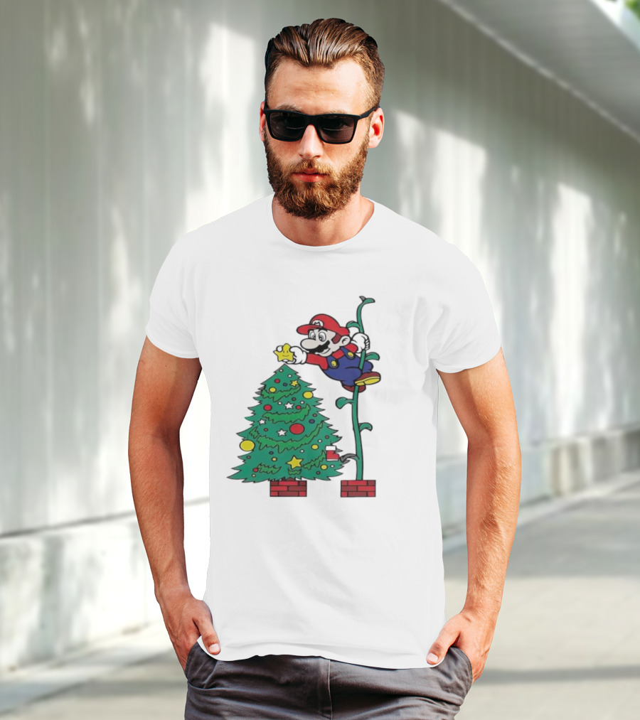 Super Mario Decorating Christmas Tree With Power-Up Star And Brick Blocks T-Shirt