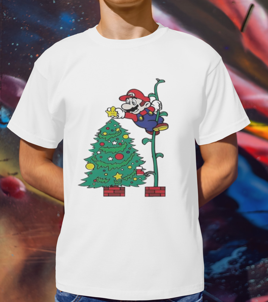 Super Mario Decorating Christmas Tree With Power-Up Star And Brick Blocks T-Shirt