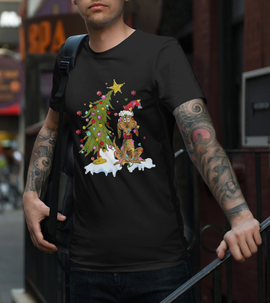 Christmas Max Dog Wrapped In Lights With Grinch Tree Scene T-Shirt