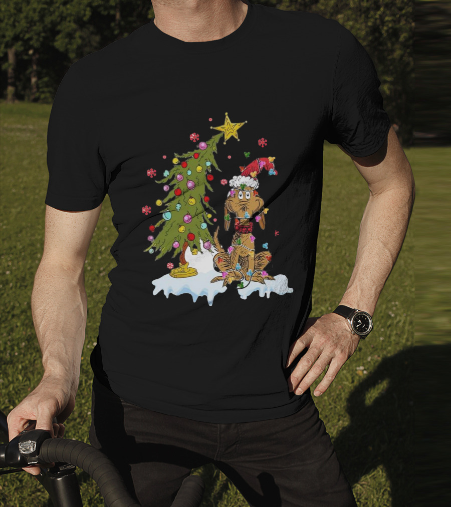 Christmas Max Dog Wrapped In Lights With Grinch Tree Scene T-Shirt