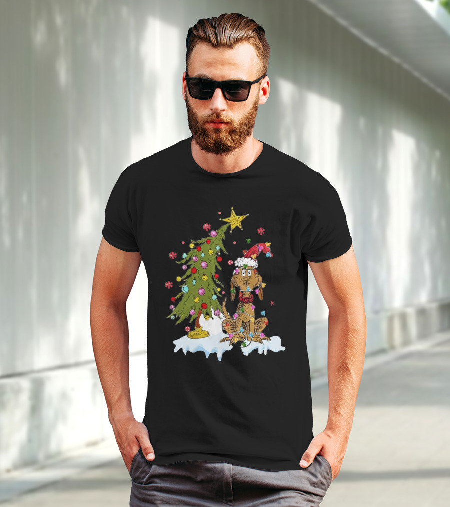 Christmas Max Dog Wrapped In Lights With Grinch Tree Scene T-Shirt