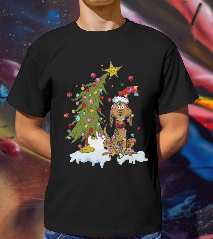Christmas Max Dog Wrapped In Lights With Grinch Tree Scene T-Shirt