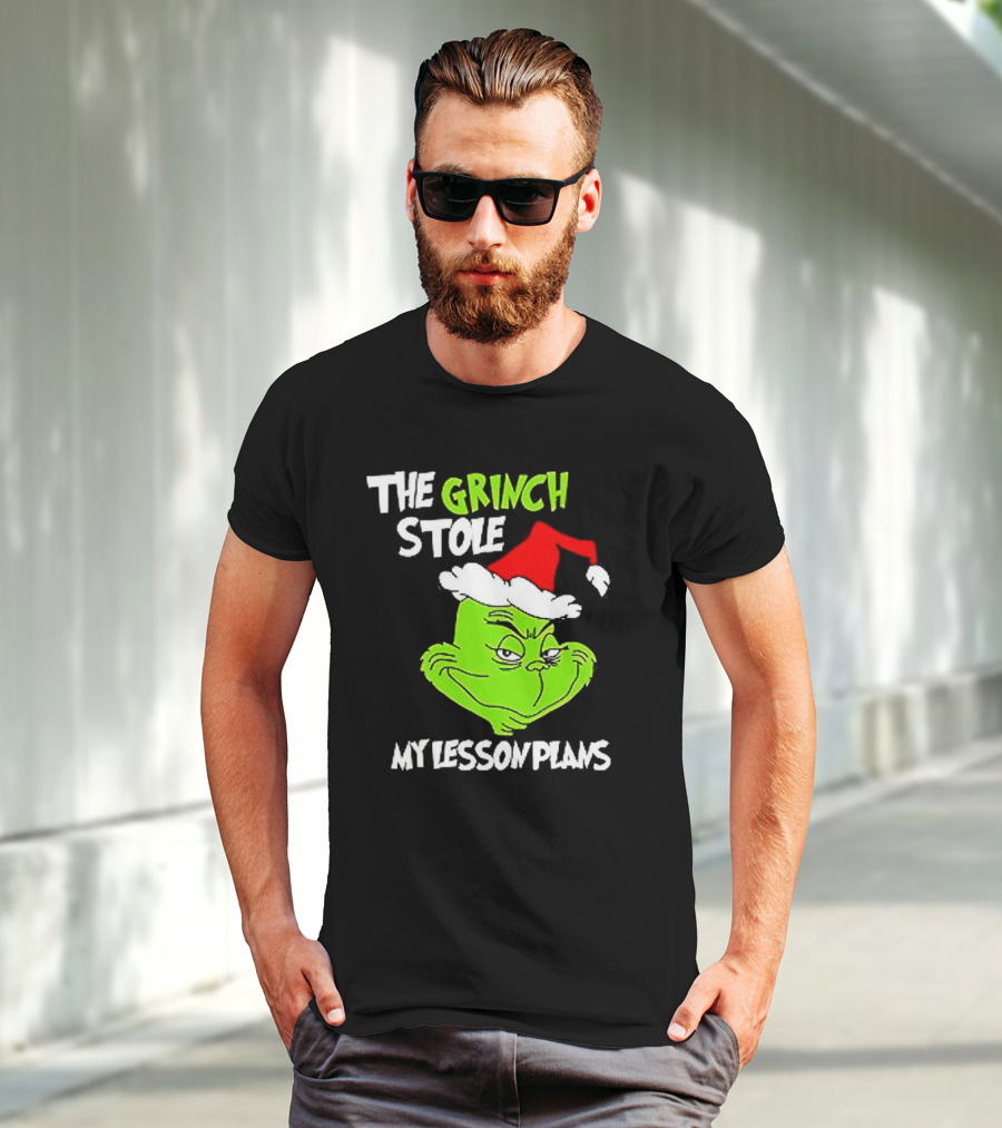 The Grinch Stole My Lesson Plans Christmas Red Hat Green Face T-Shirt