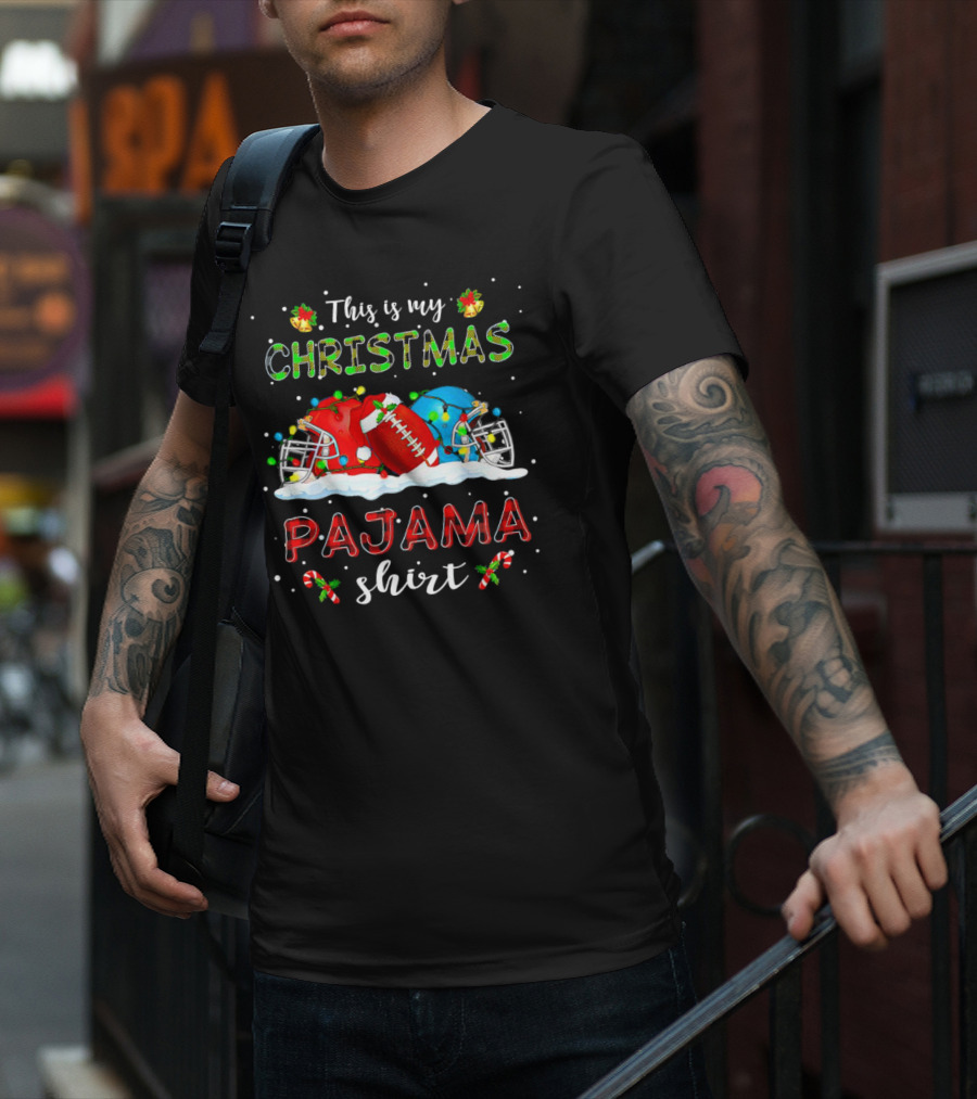 This Is My Christmas Pajama Shirt Football Helmets Candy Canes Snowflakes T-Shirt