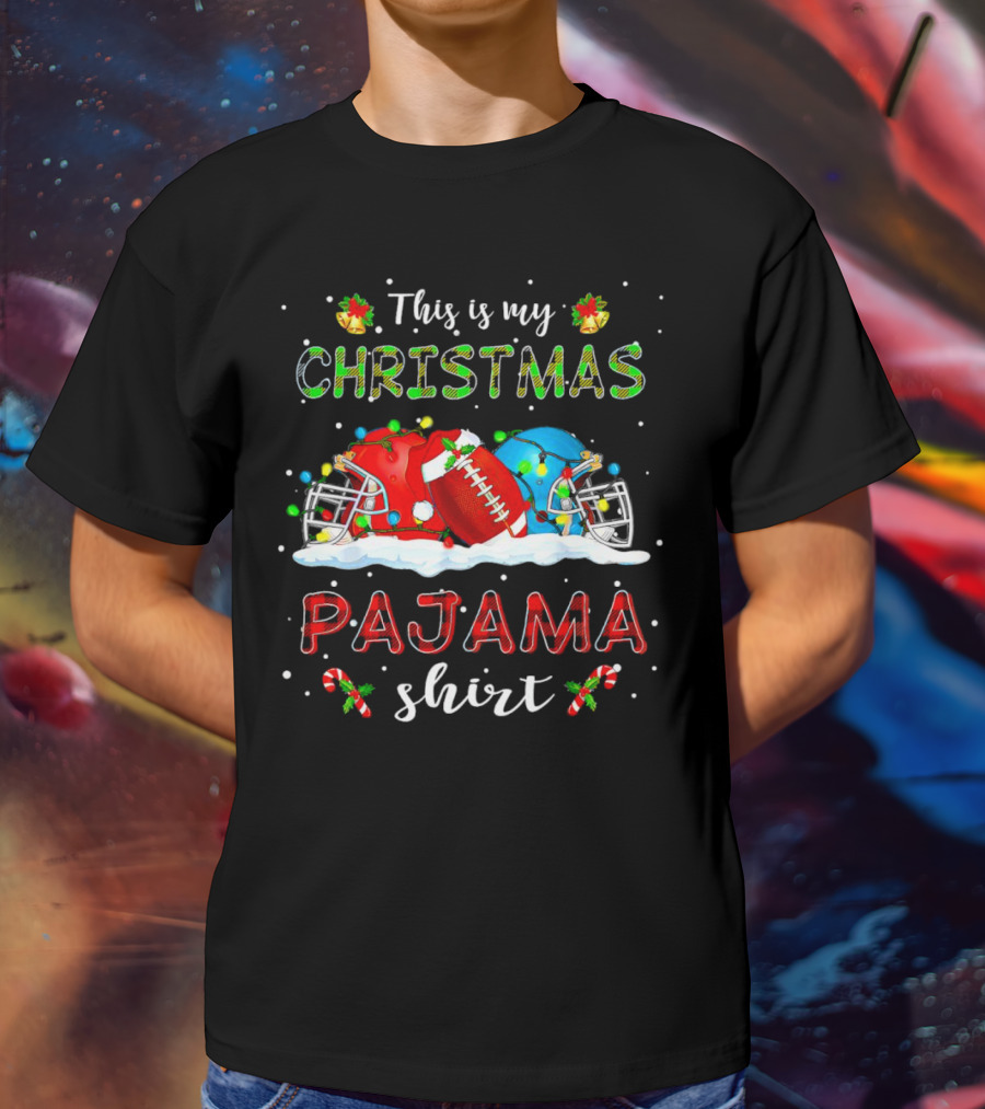 This Is My Christmas Pajama Shirt Football Helmets Candy Canes Snowflakes T-Shirt