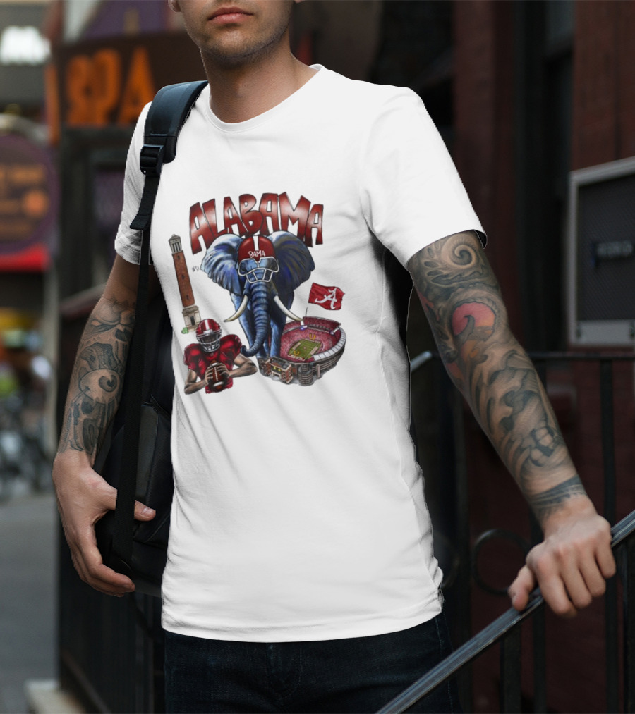Alabama Crimson Tide Football Elephant Stadium Football Player Old Main Tower Bama T-Shirt