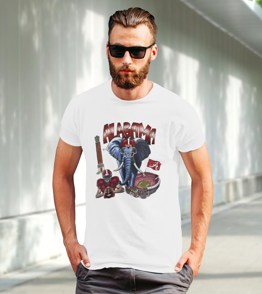 Alabama Crimson Tide Football Elephant Stadium Football Player Old Main Tower Bama T-Shirt
