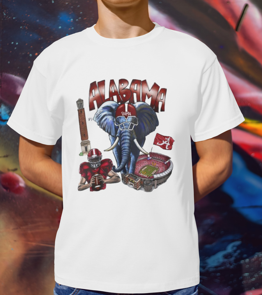Alabama Crimson Tide Football Elephant Stadium Football Player Old Main Tower Bama T-Shirt
