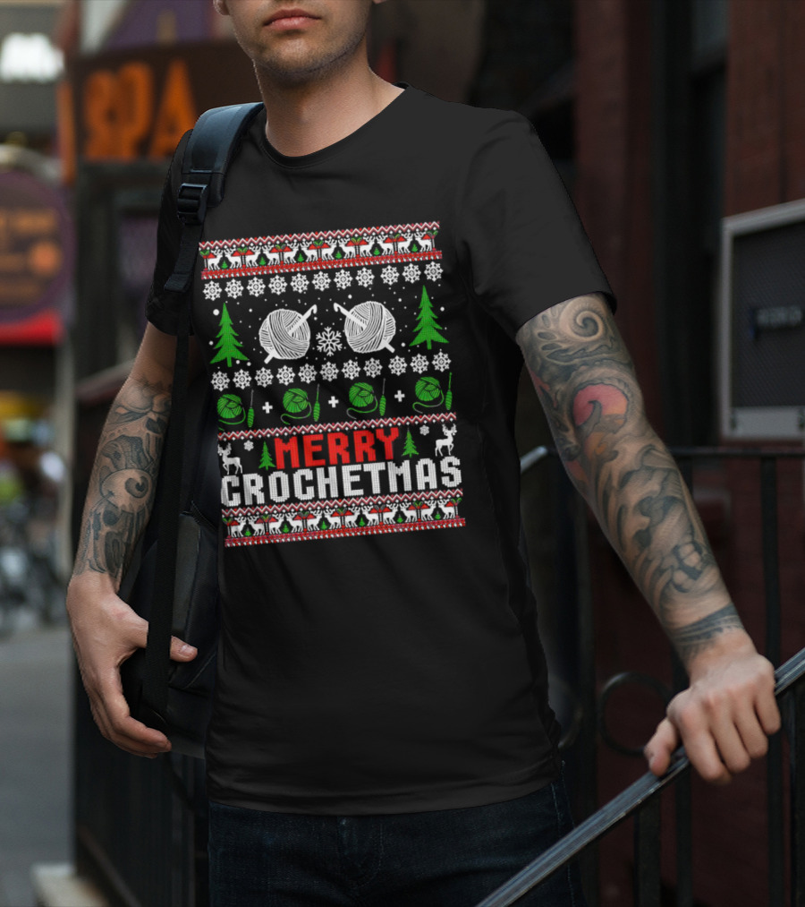 Merry Crochetmas Christmas Yarn Balls Snowflakes Trees Reindeer T-Shirt
