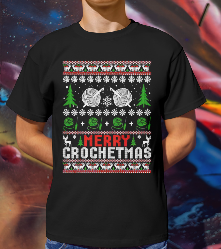 Merry Crochetmas Christmas Yarn Balls Snowflakes Trees Reindeer T-Shirt