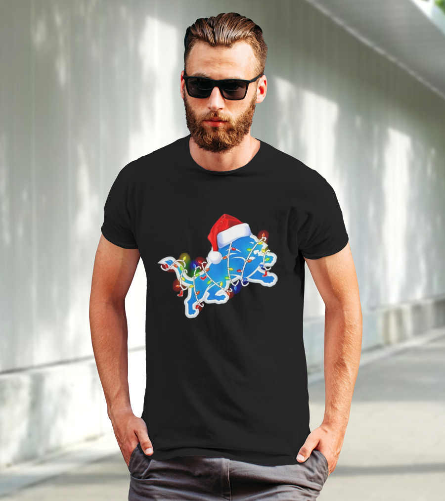 Detroit Lions Christmas Lights Santa Hat Holiday Football T-Shirt