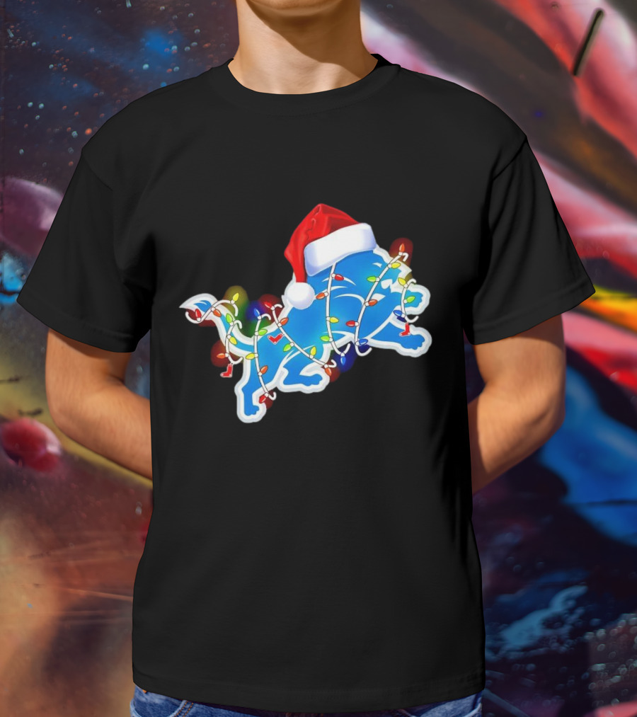 Detroit Lions Christmas Lights Santa Hat Holiday Football T-Shirt