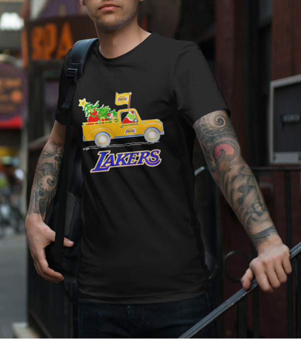 Grinch Driving Los Angeles Lakers Truck With Christmas Tree T-Shirt