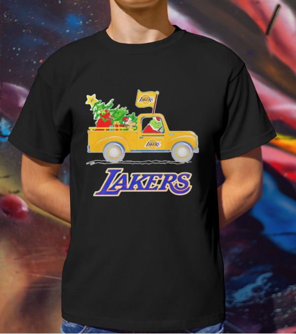 Grinch Driving Los Angeles Lakers Truck With Christmas Tree T-Shirt
