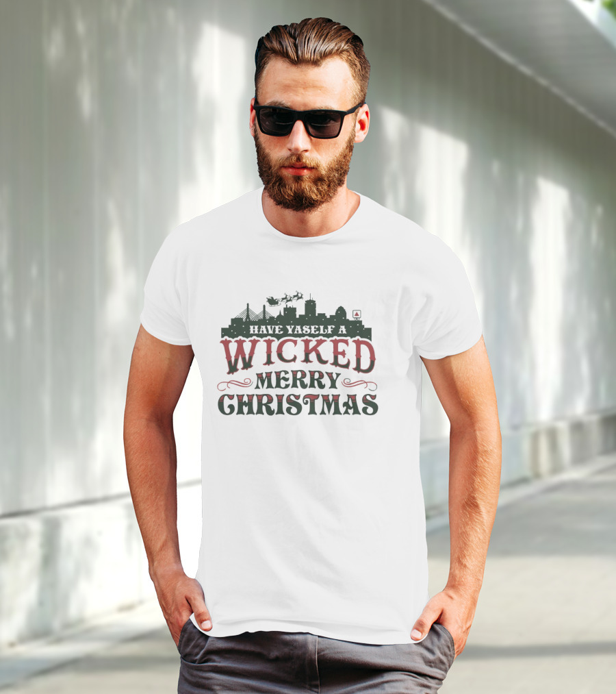 Have Yaself A Wicked Merry Christmas Boston Skyline Santa Sleigh T-Shirt