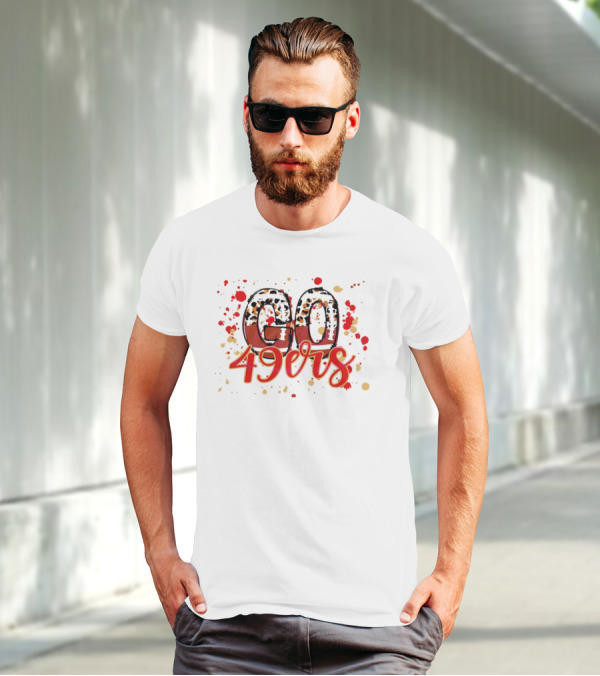 Leopard Print Go 49ers Red And Gold Text With Splatter T-Shirt