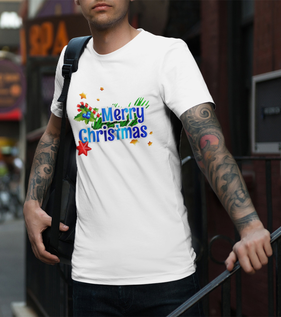 Merry Christmas Candy Cane Holly Pine Red Star T-Shirt