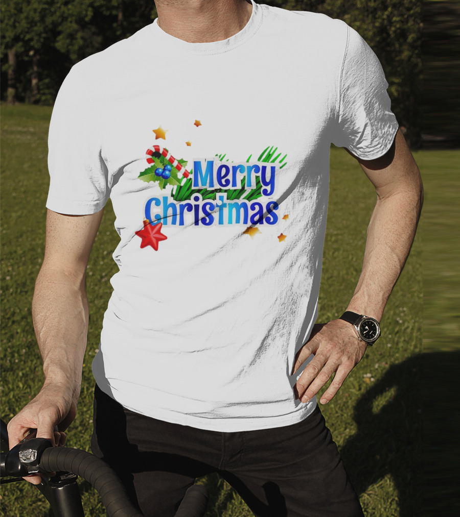 Merry Christmas Candy Cane Holly Pine Red Star T-Shirt