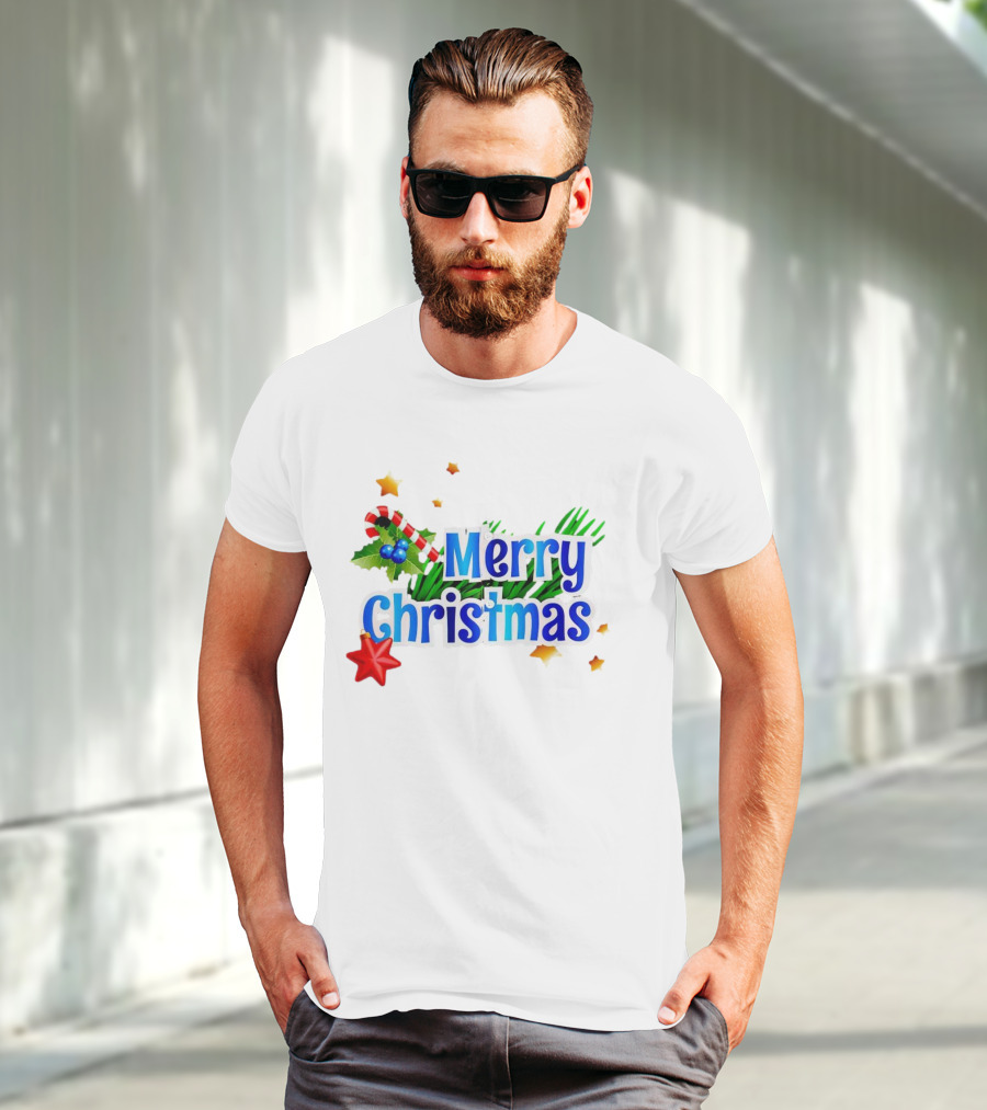 Merry Christmas Candy Cane Holly Pine Red Star T-Shirt