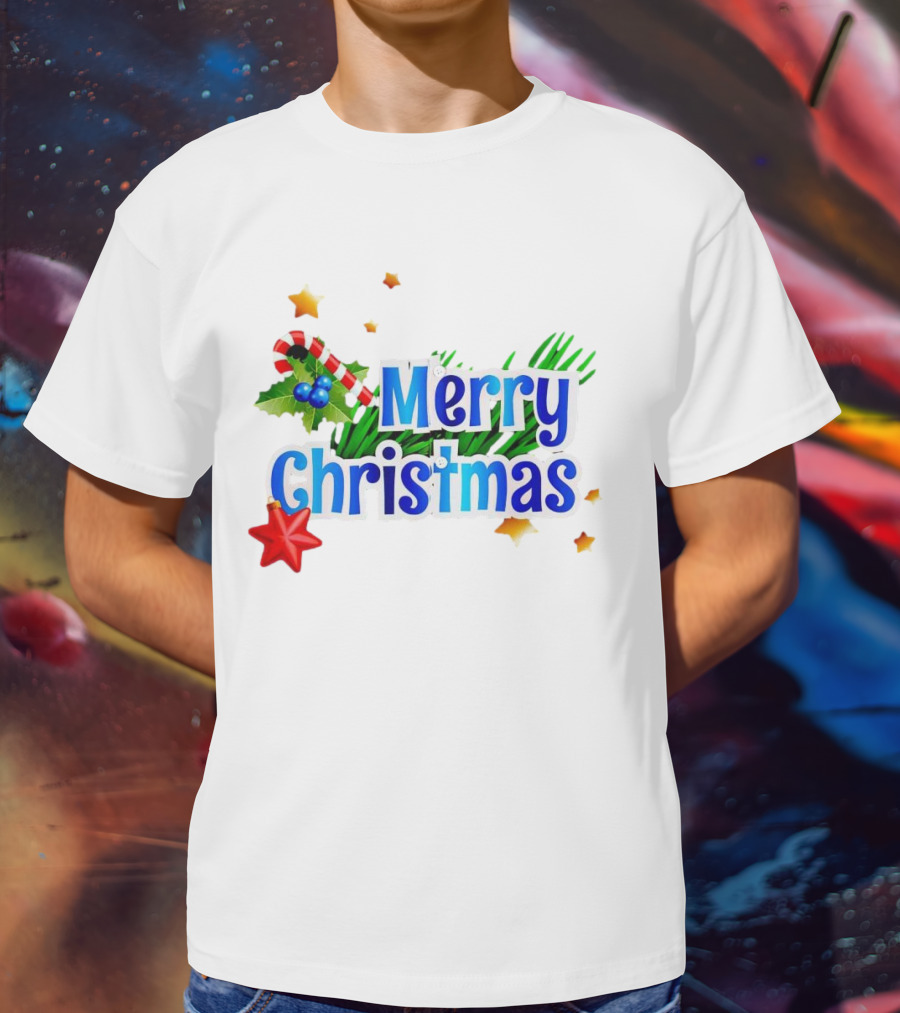 Merry Christmas Candy Cane Holly Pine Red Star T-Shirt