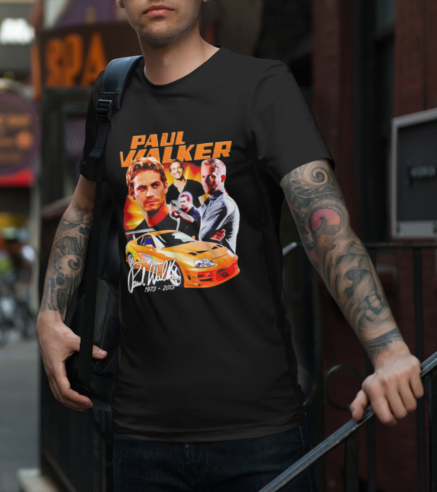 Paul Walker 1973-2013 Collage Signature Orange Car T-Shirt