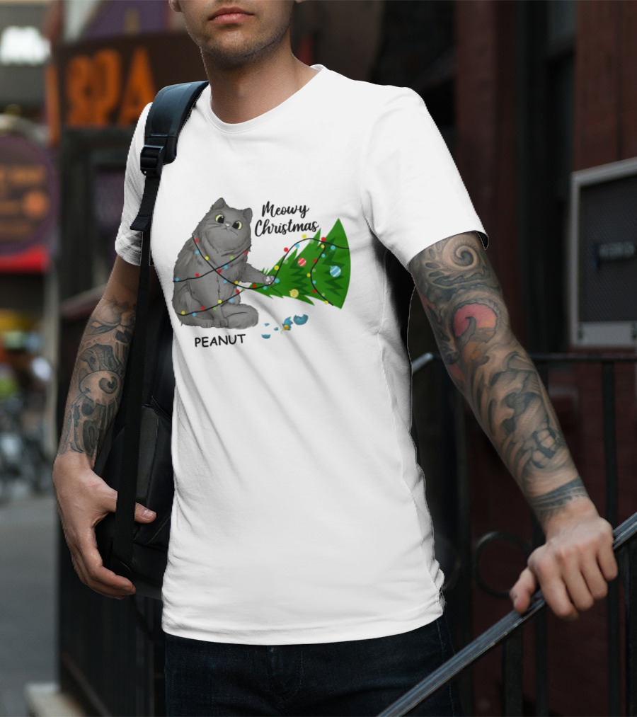 Meowy Christmas Cat Wrapped In Lights With Custom Name Peanut T-Shirt