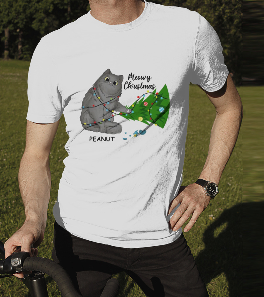Meowy Christmas Cat Wrapped In Lights With Custom Name Peanut T-Shirt